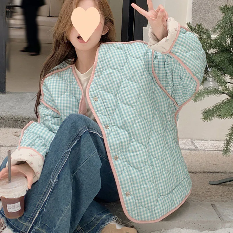 

Маленькая клетчатая куртка в стиле ретро с цветочным принтом свежего цвета, однобортное пальто с v-образным вырезом, женское осенне-зимнее новое свободное двустороннее пальто