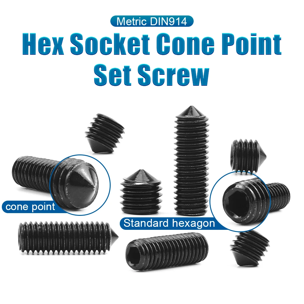 NINDEJIN 2-100pcs Cone Point Socket Set Screw M3 M4 M5 M6 M8 M10 M12 Carbon Steel Hexagon Headless Grub Screw