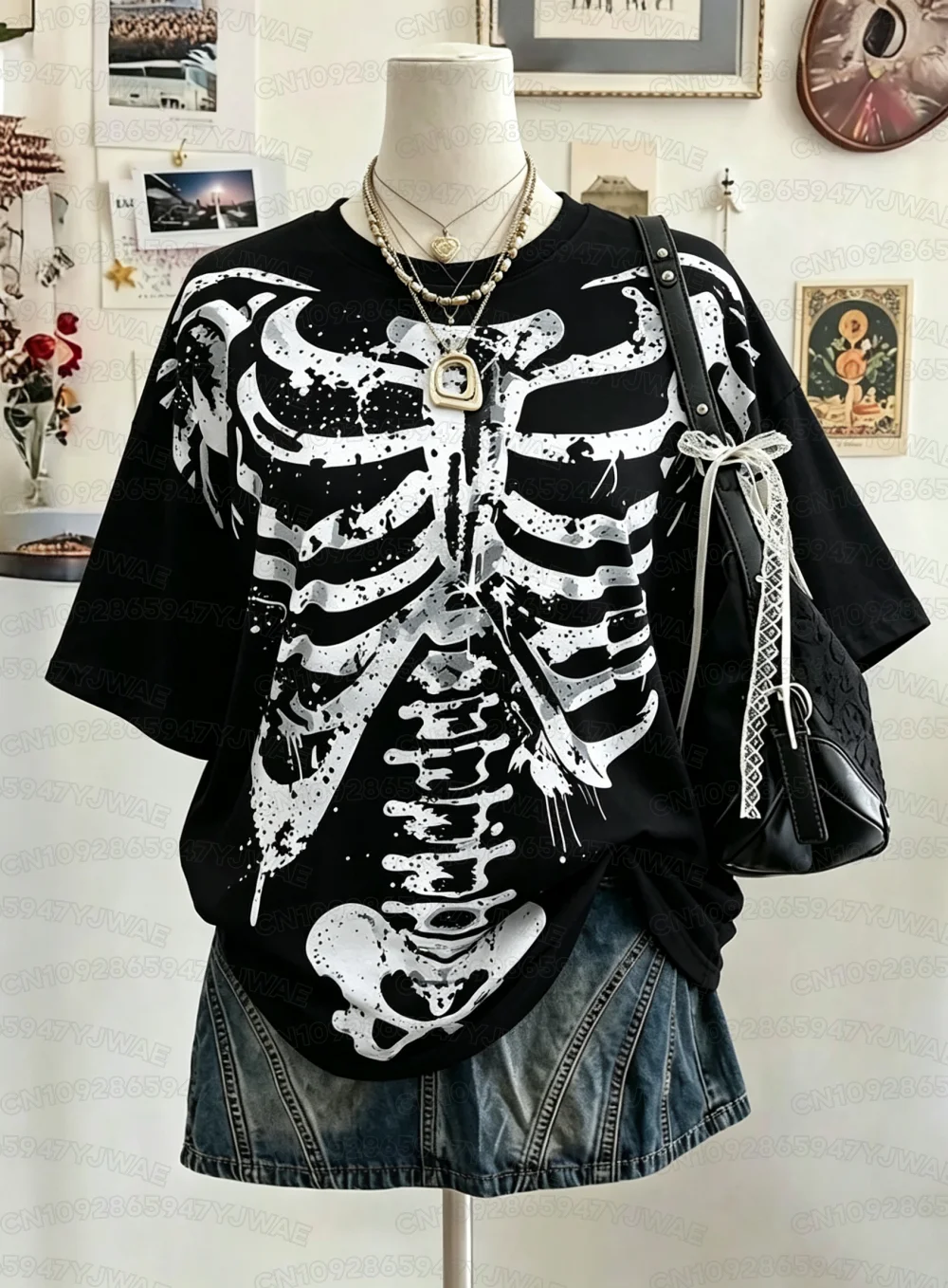 Summer Y2K Skeleton T-shirt Print Punk Gothic Dark Oversized Drop Shoulder Women Short Sleeve T-shirt Street Sports Top