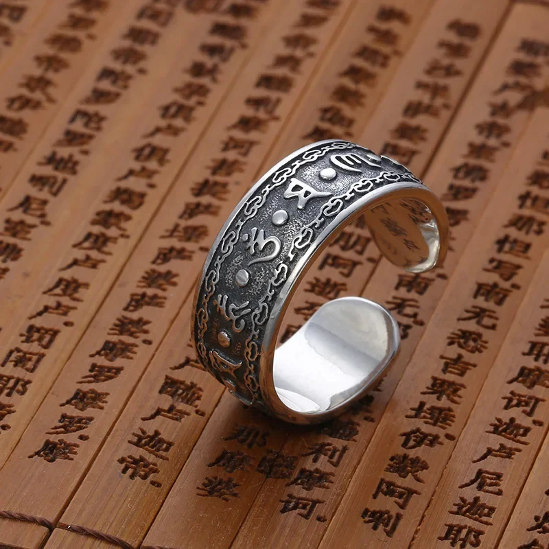 Classic 925 Thai Silver Retro Embossed Faceted mens rings virile domineering gentleman Ring Six-character mantra Jewelry