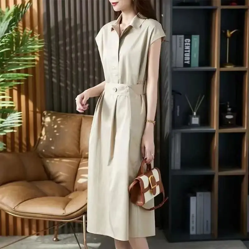 Solid Short Sleeve Shirt Dresses Single Breasted Belted Waist Summer Women's Clothing Turn-down Collar Mid-calf Overalls Skirt