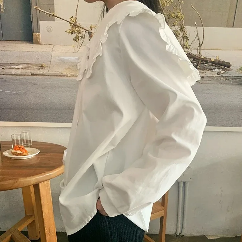 Spring Cotton Shirt Female Korean Chic Ruffles Single-Breasted White Blosue Women Vintage Long Sleeve Pleasure Tops Blusas 14836