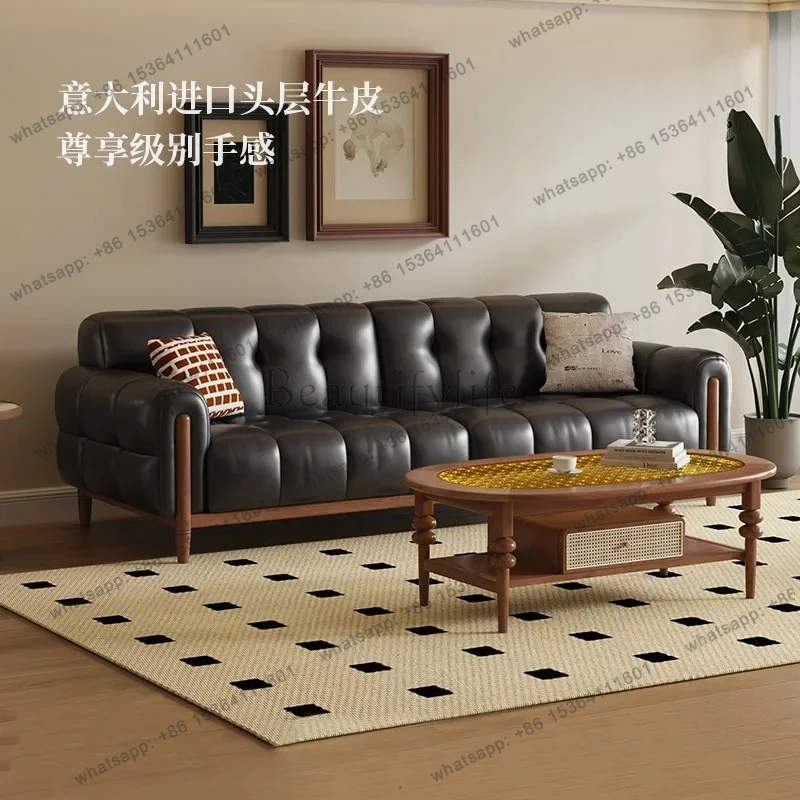 

yj7 Retro leather sofa first layer cowhide living room straight row French medium antique black