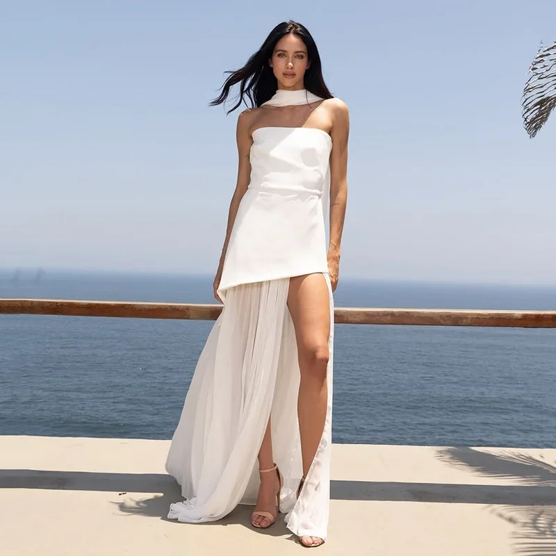 

Love Simple Stain Sheath Wedding Dress Elegant Strapless Sleeveless Floor Length Sexy Backless With Zipper High Slit Customized