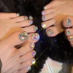 24pcs Glitter Full Diamond Fake Toe Nails Press On Feet Nail Summer Korean False Foot Nails Short Full Cover Flash Toe Nail Tips