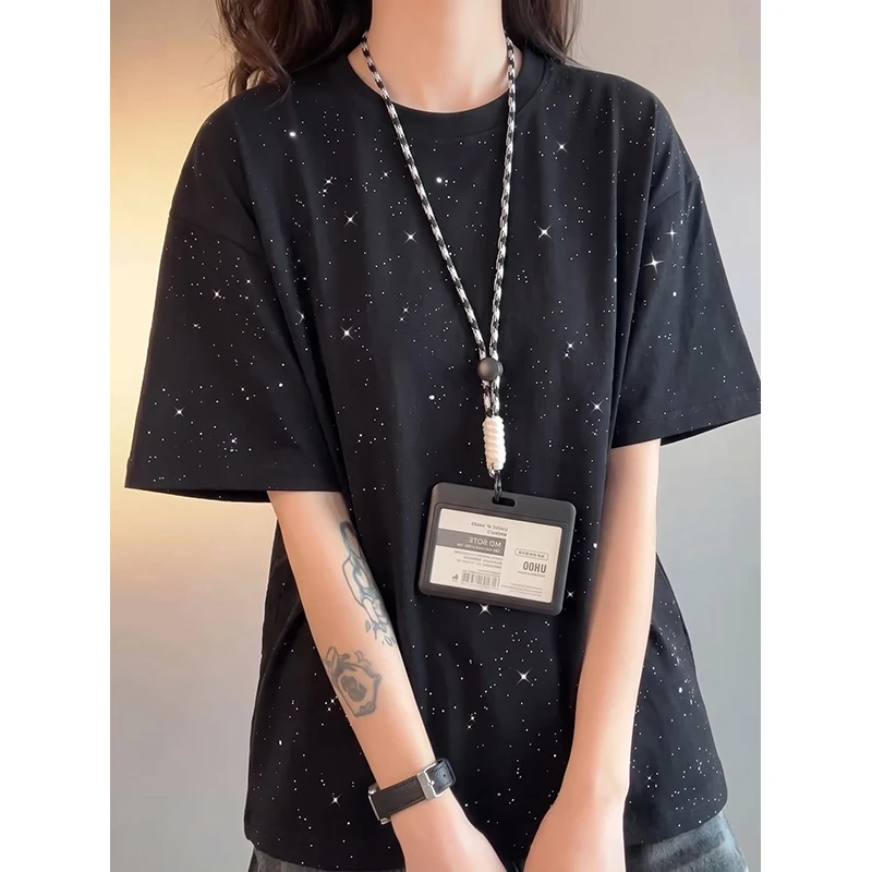 Summer Men's Fashion Casual Loose Pure Cotton Star-Dots Embroidered Short-Sleeved T-Shirt-