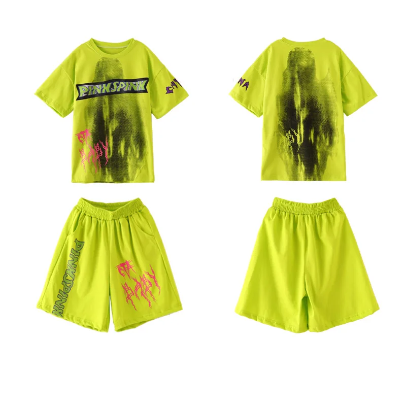 Hiphop Outfits Voor Kinderen Zomer Korte Mouwen T-Shirt Casual Shorts Fluorescerend Groen Sets Jongens Meisjes Streetwear Podiumkostuums