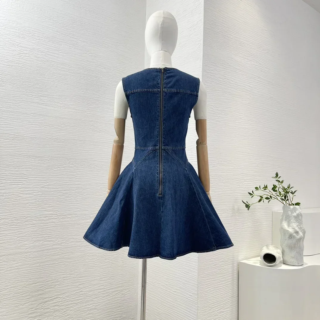 Women's Blue Jeans Mini Dress Short Sleeve Turn Down Collar Ruched Pearl Button Holiday Office Lady Gifts Summer New 2024