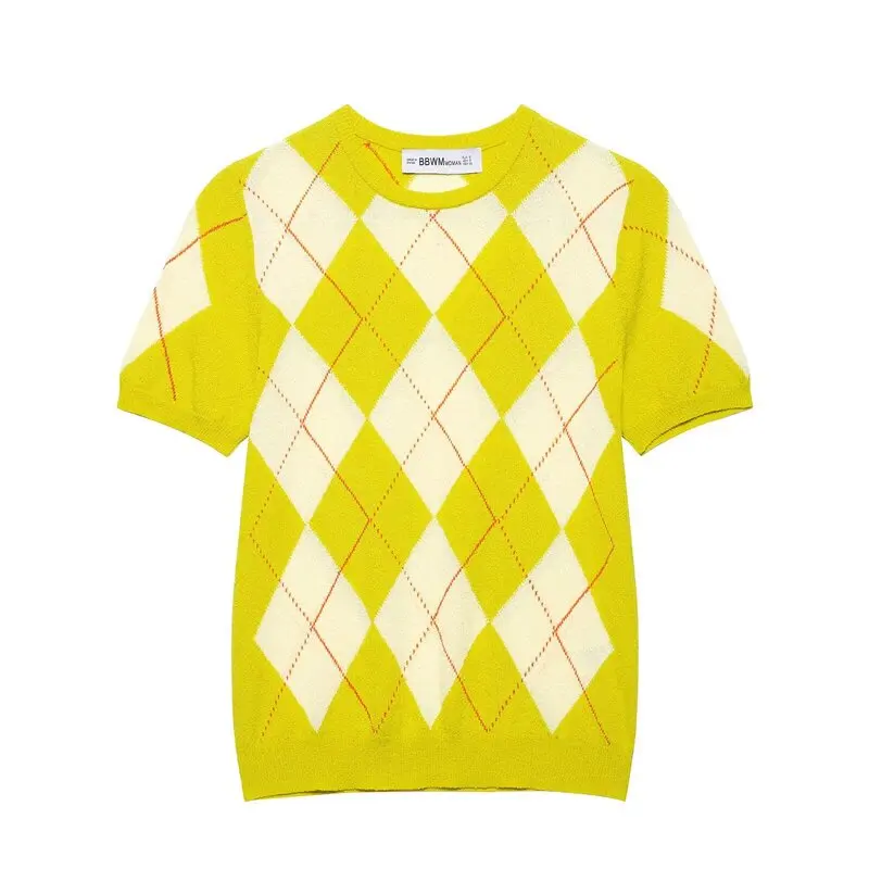 Spring 2025 Women's Knitted ort Sve round Ne Sweater Diamond Pattern Sweet Sle Regular Length Overhead Decoration