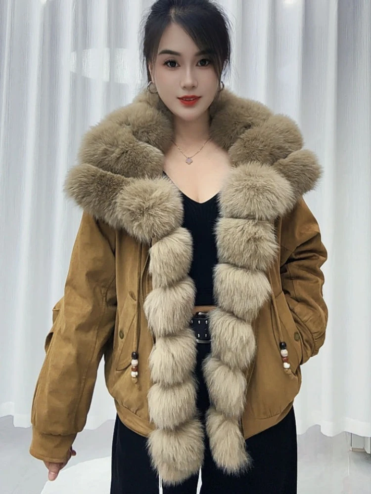 Elegant Natural Fur Jacket Women Suedette Clothing with Fur Collar Lining Female Fluffy Fur Oversized Coat for Woman Daily Swear
