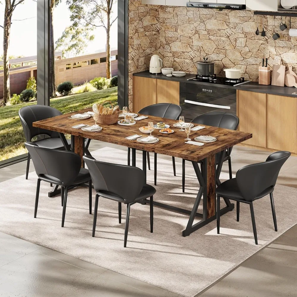 طاولة طعام، طاولة غرفة طعام للمطبخ مقاس 70.9 بوصة بإطار معدني قوي، أثاث مستطيل بأرجل شديدة التحمل وخشبية #3