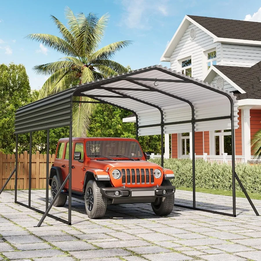 Heavy Duty Metal Carport For Outdoor Vehicle Shelter In Gray With Rust-Resistant Coating And Reinforced Steel Frame