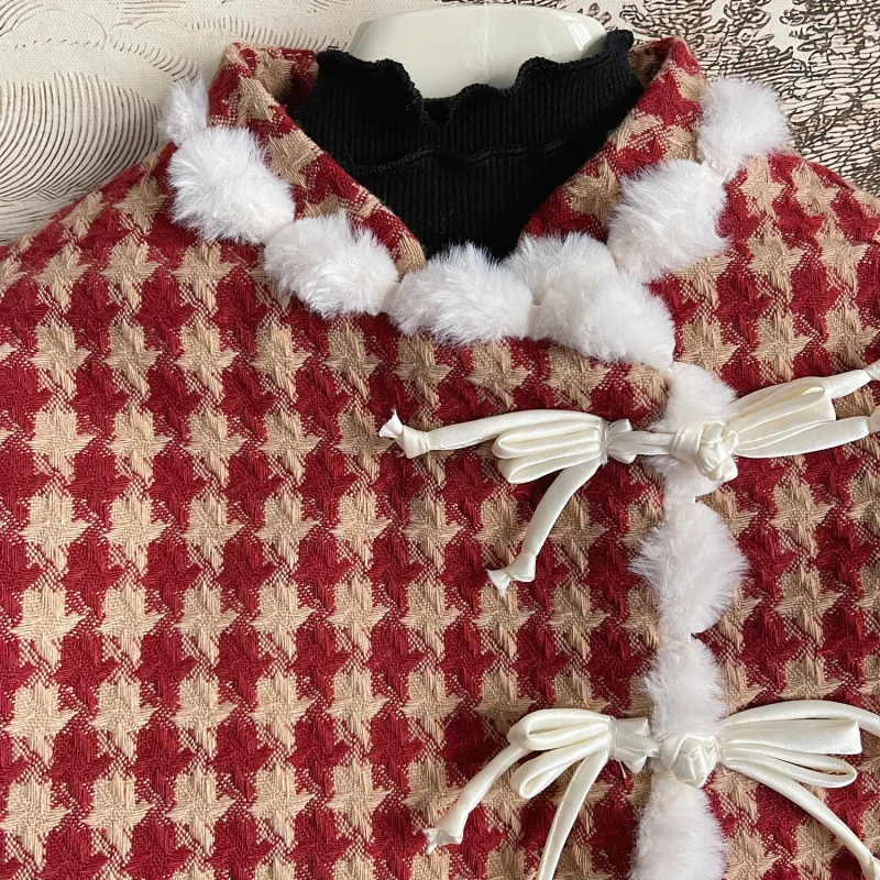 

2025Winter New Style Set for Girls, Red Plaid Set, Baby Temperament, Cotton-Padded Two-Piece Set