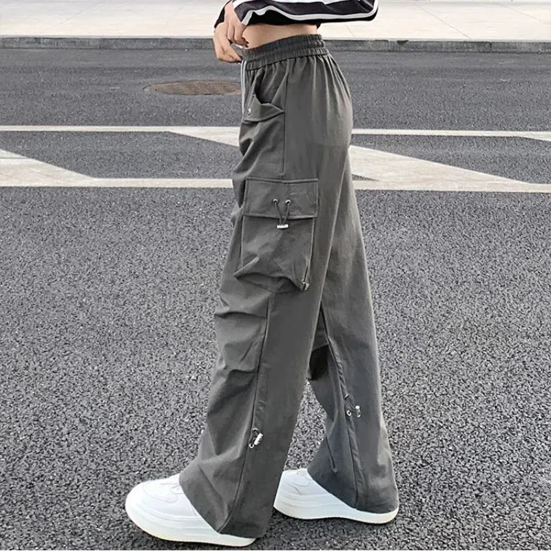 American Women's 2024 Summer Spliced Elasticized High-waisted Pocket Fashion Solid Color Loose Trend Charging Casual Pants