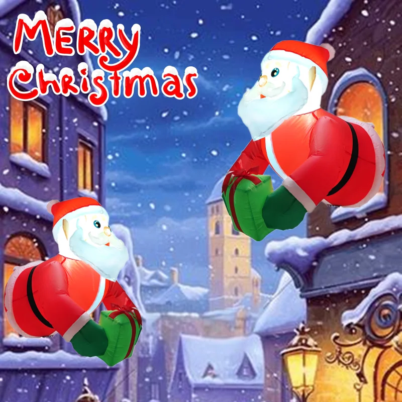 

Christmas Inflatable Climbing Window Santa Claus Carrying Gift Bag Built-in LED Lights Xmas Window Holiday Decoration Props