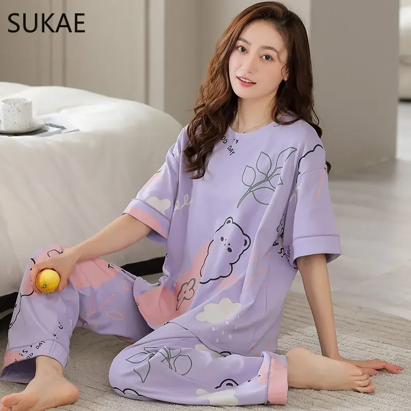 SUKAE Kawaii Pajamas Sets for Women Summer Good Quality Knitted Cotton Sleepwear for Girl Short Sleeved Women Clothing Nightwear