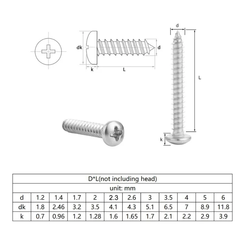 100pcs/Lot Nickel-Plated Carbon Steel Cross Recessed Round Head  Self-Tapping Screw M1 M1.2 M1.4 M1.7 M2 M3 M4 M5