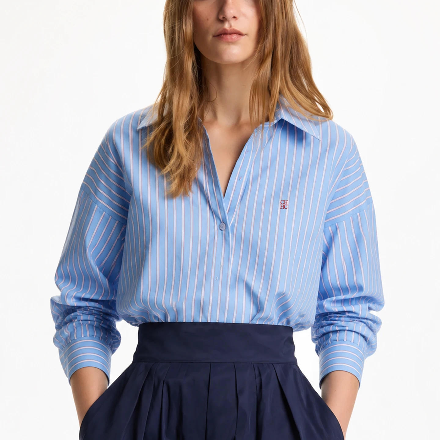 CH Elegante Bürokleidung Frühling Herbst Mode Damen Gestreiftes Hemd Blau Langarm Bluse Lässige Lose Passform Knopfleiste Kragenoberteil – Detail 1