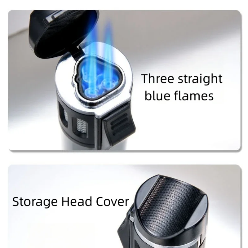 Creative Strong Firepower Butane Gas Lighter Turbo 3 Torch Blue Flame High Pressure Jet Straight Cycle Cigar Lighter Men\'s Gift