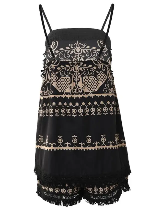 Women Two Piece Outfits 2022 Wome Tribal Print Tassel Trim Halter Top & Vintage Shorts Set