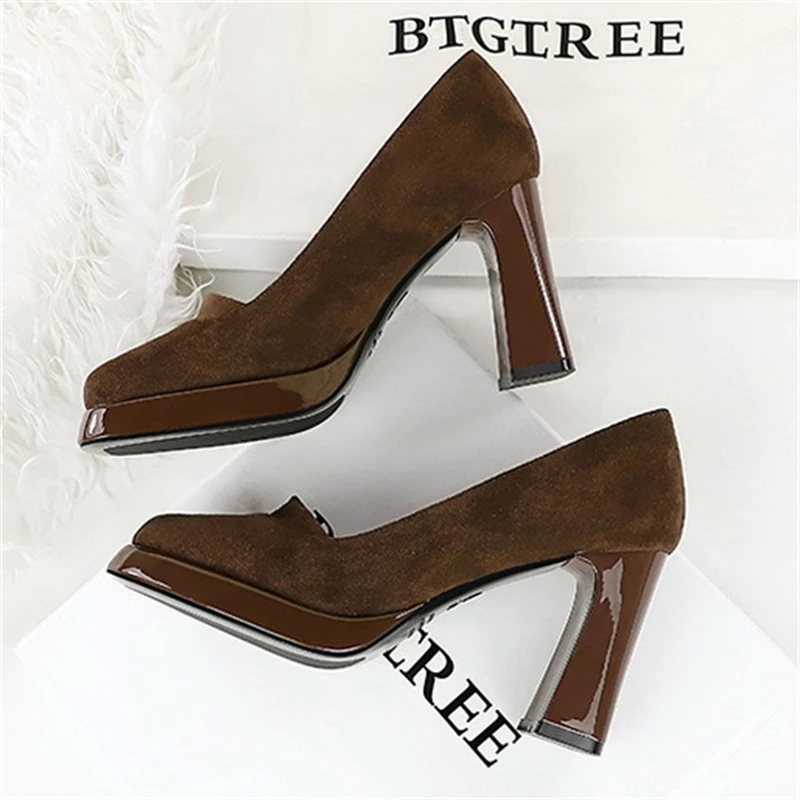 BIGTREE منصة مضخات حذاء نسائي بكعب عالٍ رئيس مربع مثير حفلة أنيقة امرأة كعب أحذية الحفلات Zapatos De Mujer