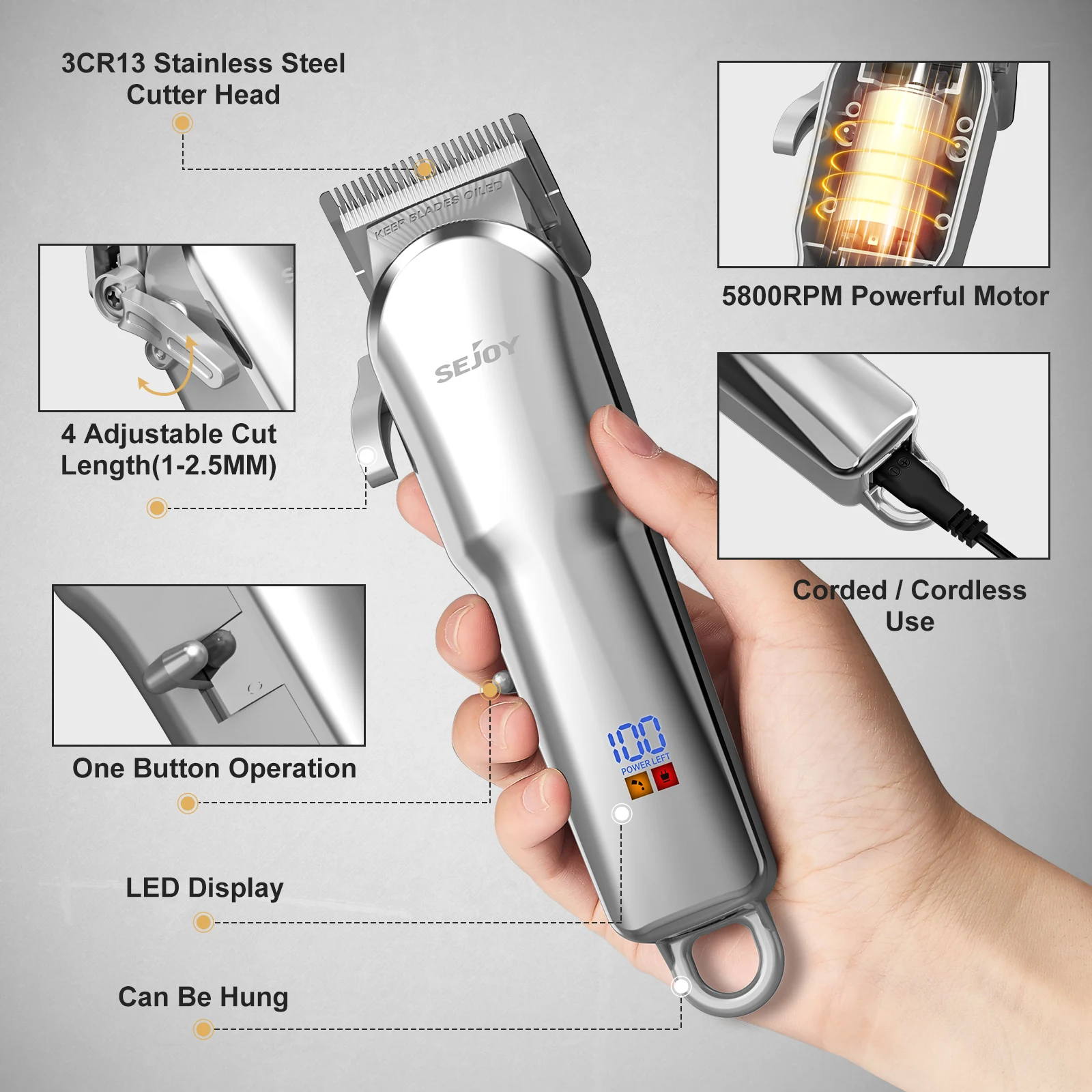 Sejoy profissional máquina de corte de cabelo kit de corte de cabelo sem fio barbeiro conjunto com display led clippers de cabelo para homem