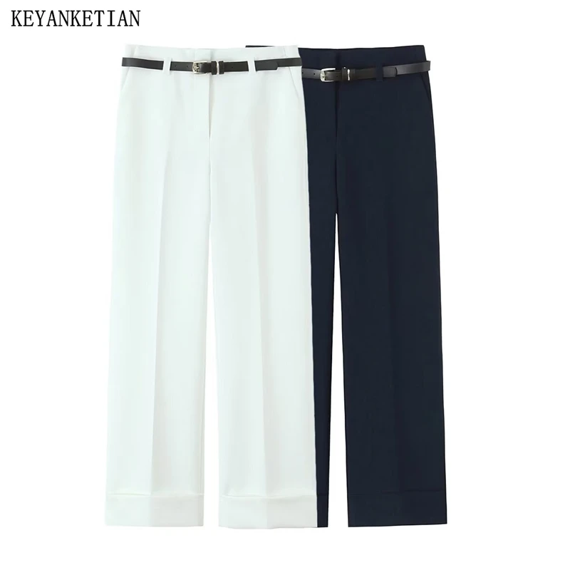 

KEYANKETIAN Spring/Autumn New Women's With Belt Flanged Decorative Casual Pants Office Lady Zipper High Waist Straight Trousers