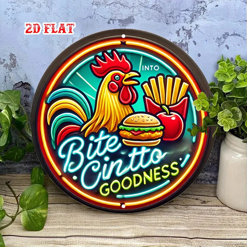 2D Flat 1pc Burger , Fast Food Round Sign, Chicken Rustic Metal Wall Art, Metal Decor, Wall Decor Signs for Home, Garage