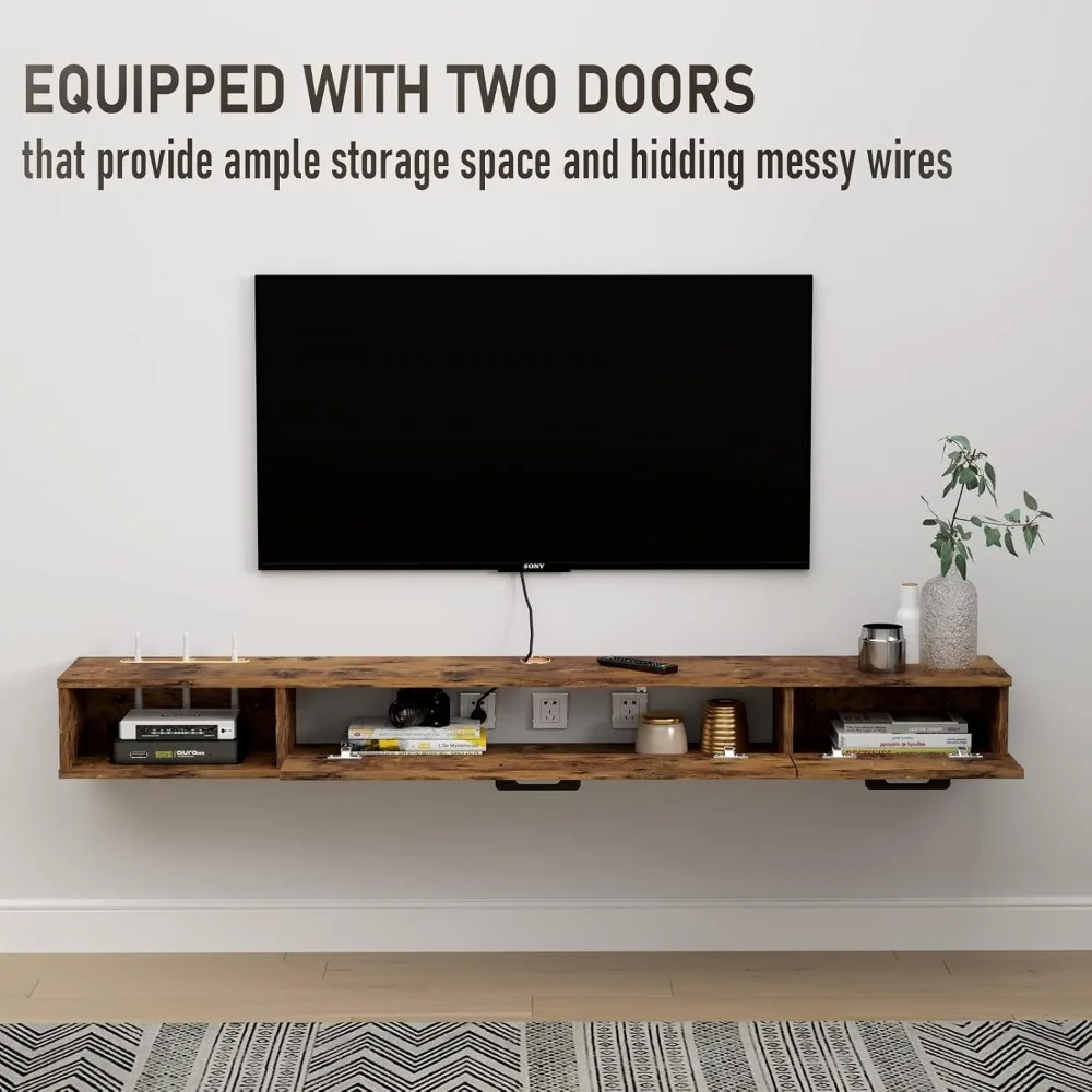 Rustic Wall-Mounted TV Stand with Floating Shelves and Doors, 47 Under-TV Storage