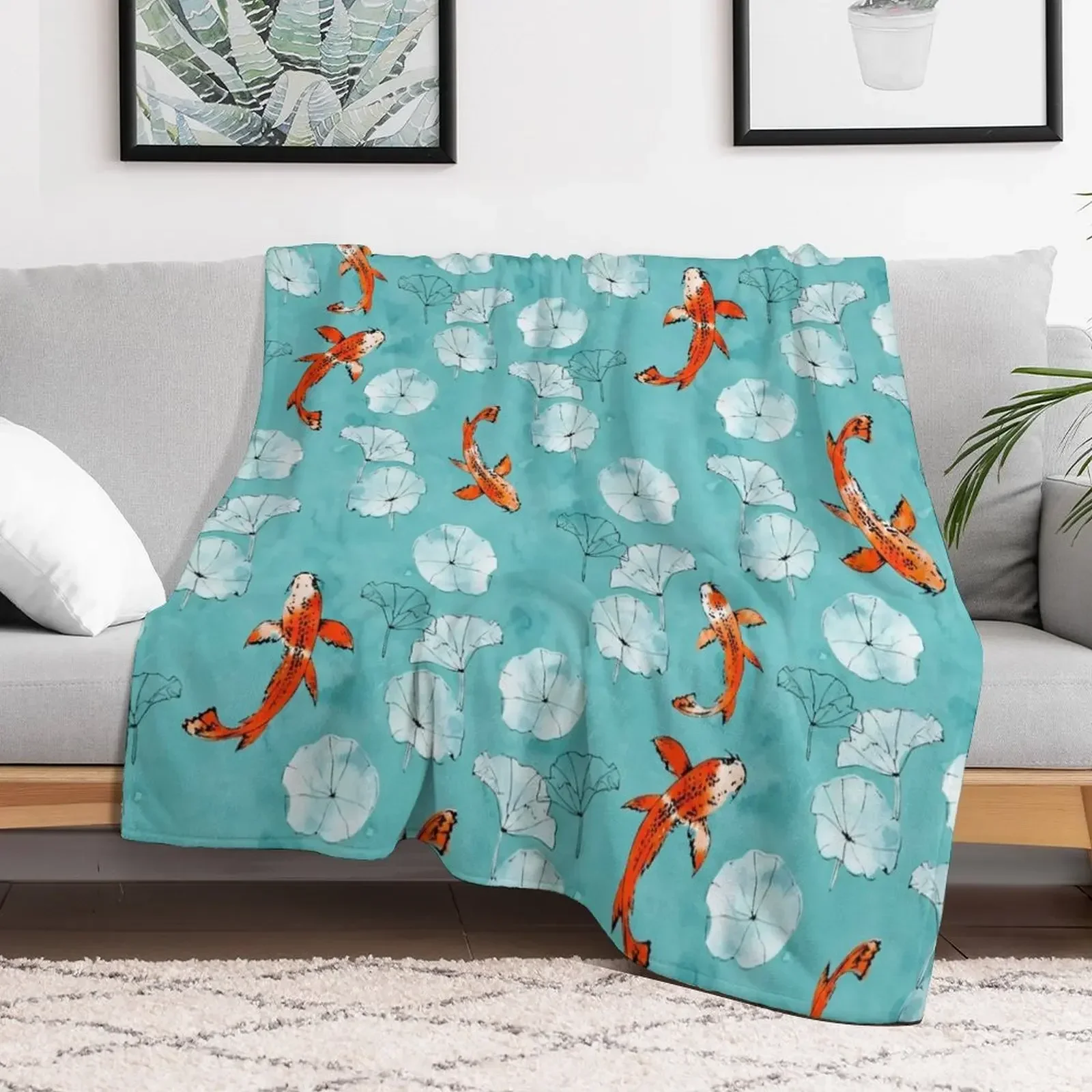 

Waterlily koi in turquoise Throw Blanket Sofa Quilt for babies blankets ands Tourist Blankets