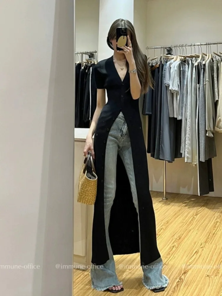 2024 Summer New V-neck Black Dress for Women Fashion Slim Fit Knitted Dressses Y2k E-Girl Mid-length Vestidos Mujer