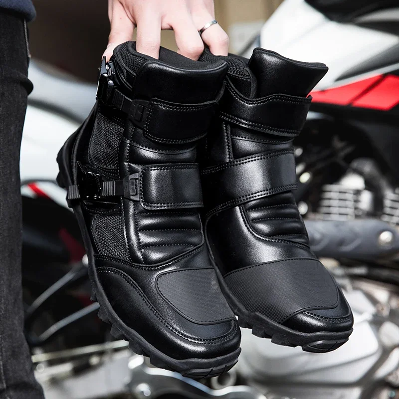 Black Leather Motorcycle Shoes Men Women Motocross Boots Summer Breathable Light Adventure Biker Boot for Urban Riding Racing