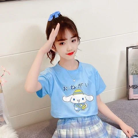 Sanrios dos desenhos animados kawaii menina branco camiseta terno cinnamoroll bonito verão manga curta colégio jk uniforme saia crianças na moda