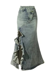 Summer Women Fairycore Retro Design Y2k Midi Denim Trumpet Mermaid Skirt Slit Gyaru Coquette 2000s Jean Ballet Core Korean Tide