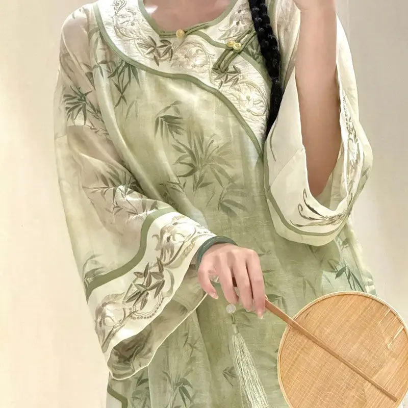 Style Elegant Han Elements Hanfu Tang Suit Modified Inverted Large Sleeve round Neck Embroidery Dress Summer Ne