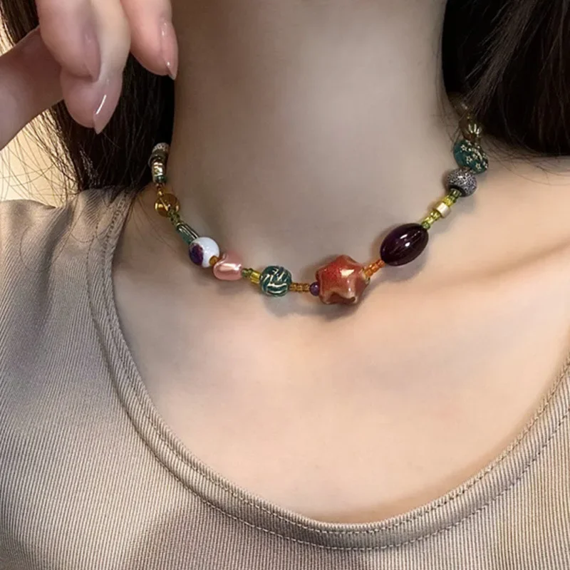 Vintage Colored Harajuku Beaded Star Sun Moon Heart Necklace Women Chinese Style Ethnic Handmade Jewelry Fashion Y2K Charm Gifts