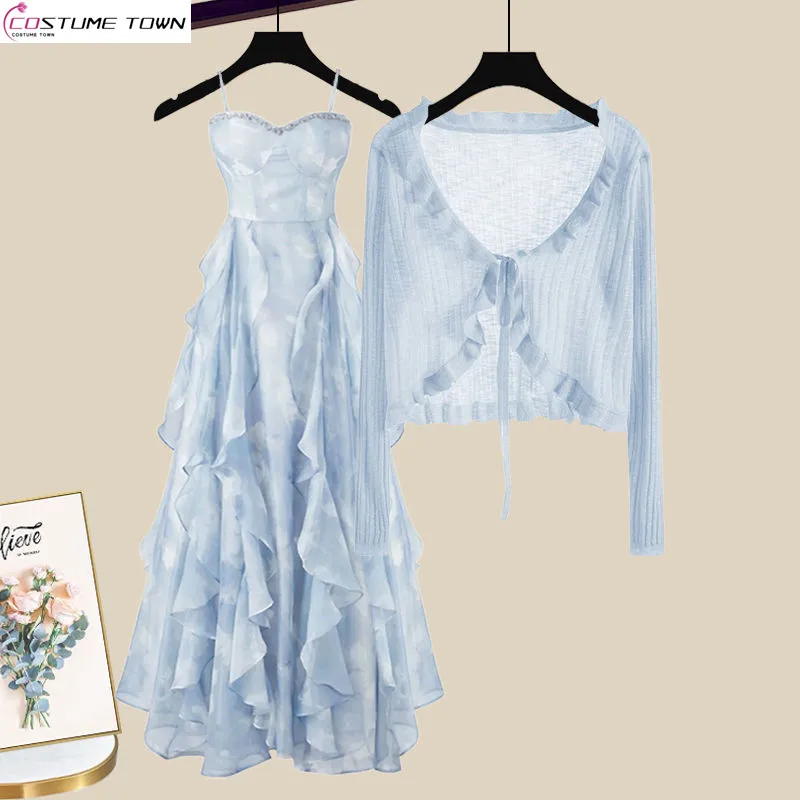 

Spring/Summer Women's Set 2024 New Large Sun Protection Ice Silk Cardigan+Fashion Suspender Dress Two-piece Set