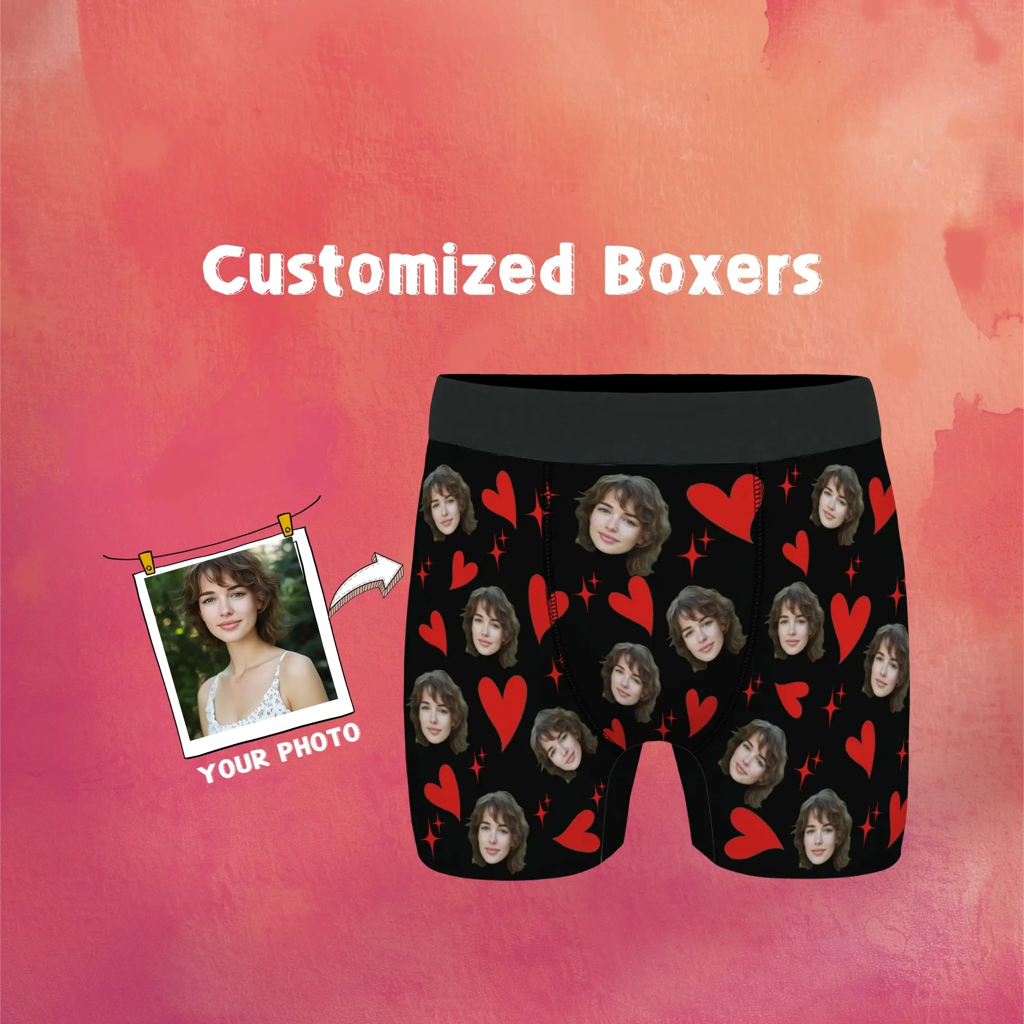 

Romantic Sweet Honey & Shiny Men's Underwear Custom Face Boxer Briefs Black Red Heart & Star Print Memory Gift for Boyfriend