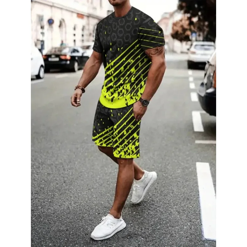 2025 Summer Creative 3D Printed Trendy Casual Men's Short Sleeved Shorts Set Beach Vacation Casual Wear