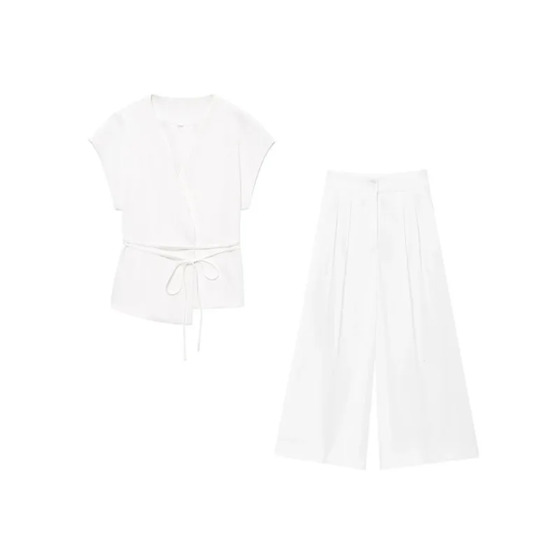 Moda feminina calças ternos sem mangas com decote em v superior com cinto calças retas define 2026 primavera verão commuter 2 peça conjunto