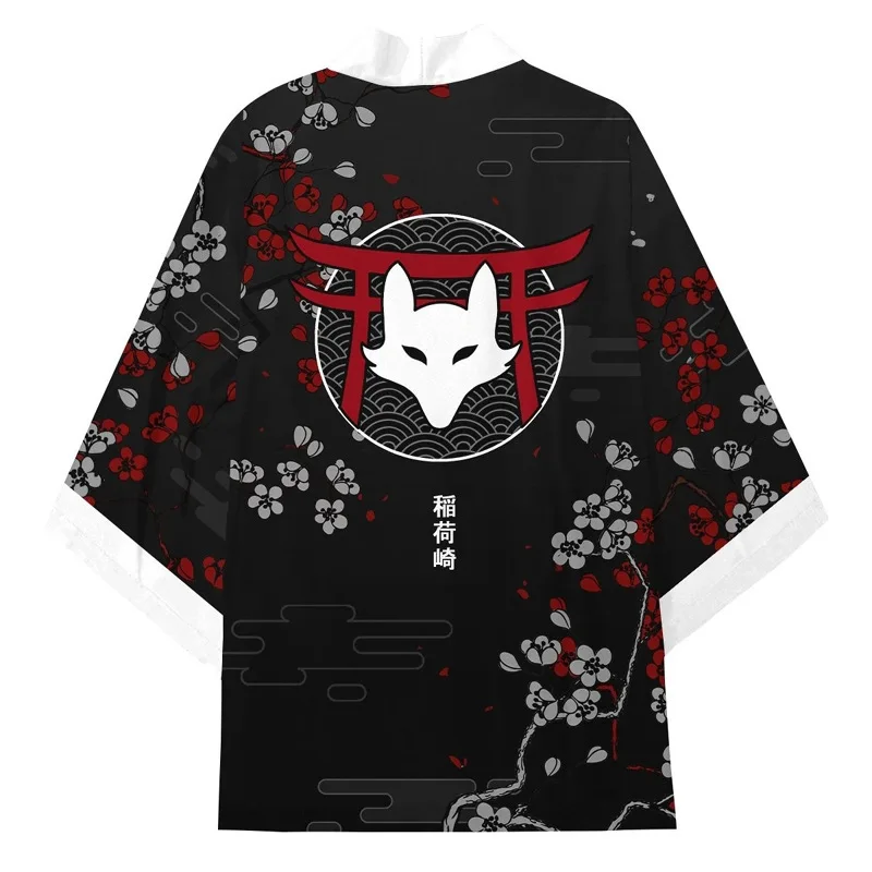 Women Inari Fox Printed Kimono Men Lightweight Japanese Kimono Streetwear 3/4 Sleeve Open Front Cloak Anime Cosplay Costume