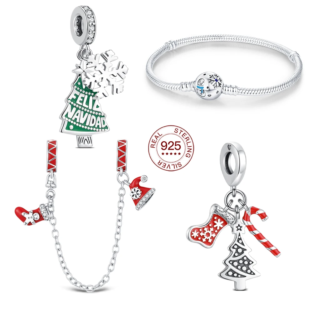 

925 Sterling Silver Christmas Charm Christmas Snowflake Safety Chain Original Bracelet DIY Jewelry Pendant Decoration For Women