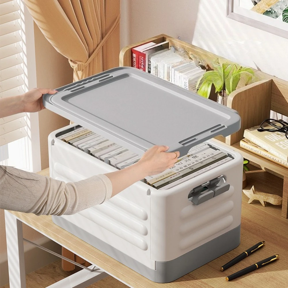 Foldable Storage Box with Pull‑Handle and Wheels Stackable Plastic Storage Bin Bin Mobile Book Clothes Organizer for Home