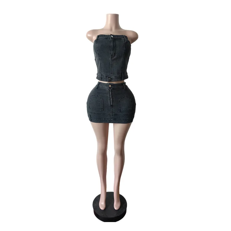 2026 Sommer Neu Heiß begehrtes trägerloses Bodycon Stretch-Jeans-Minirock-Set – Elegante Damen-Denim-Zweiteiler-Outfits – Detail 5