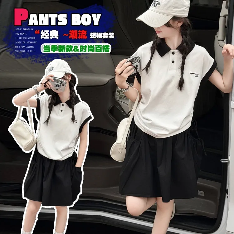 4-14 Girls' Summer Set Children's Short Sleeve Polo Set, Medium Size Girls' Short Skirt Two Piece Set Children's Wear