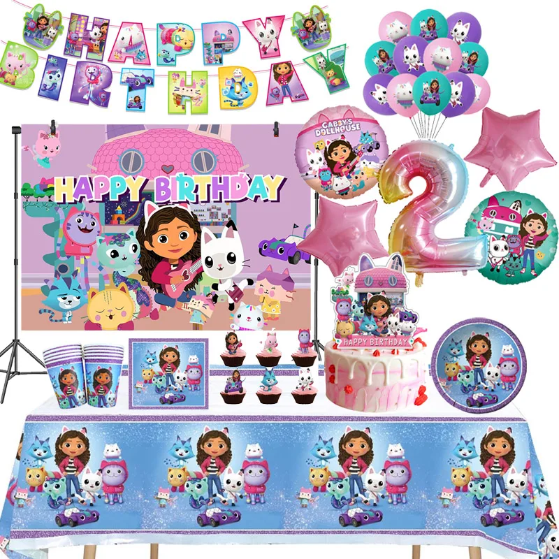 Gabby Dollhouse Gatos Aniversário Decoração Balão Talheres Descartáveis Cat Balões Crianças Gabby Doll House Figuras Party Supplies