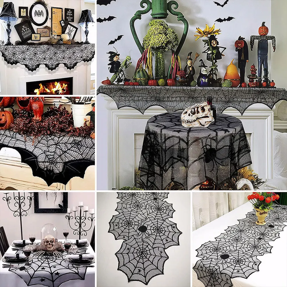 Halloween Decorations Tablecloth Runner Black Lace Round Spider Cobweb Table Cover Fireplace Mantel Scarf Spiderweb Fireplace