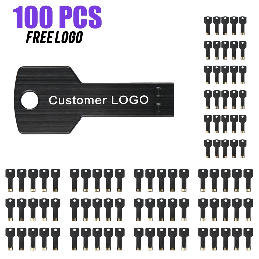 

100PCS Wholesale Free Custom Logo USB Flash Drive 128GB Metal Memory Stick 64GB Key Shape Pen Drive 32GB Creative Gift USB Stick