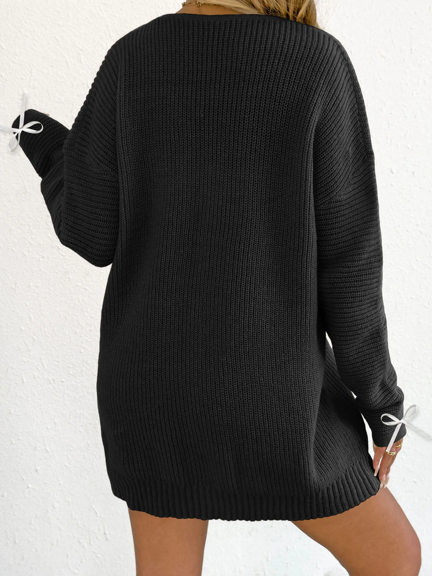 Vestido de malha sexy com decote em V profundo feminino – estilo pulôver com laço de fita suéter macio tecido casual vestido de camadas