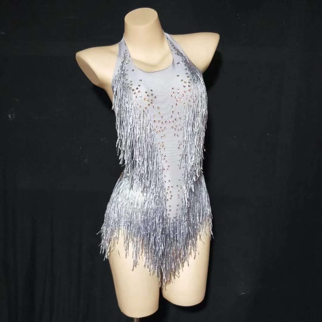 Women Rhinestone Fringe Party Bodysuit Celebrate Singer Dancer Stage Wear Outfit